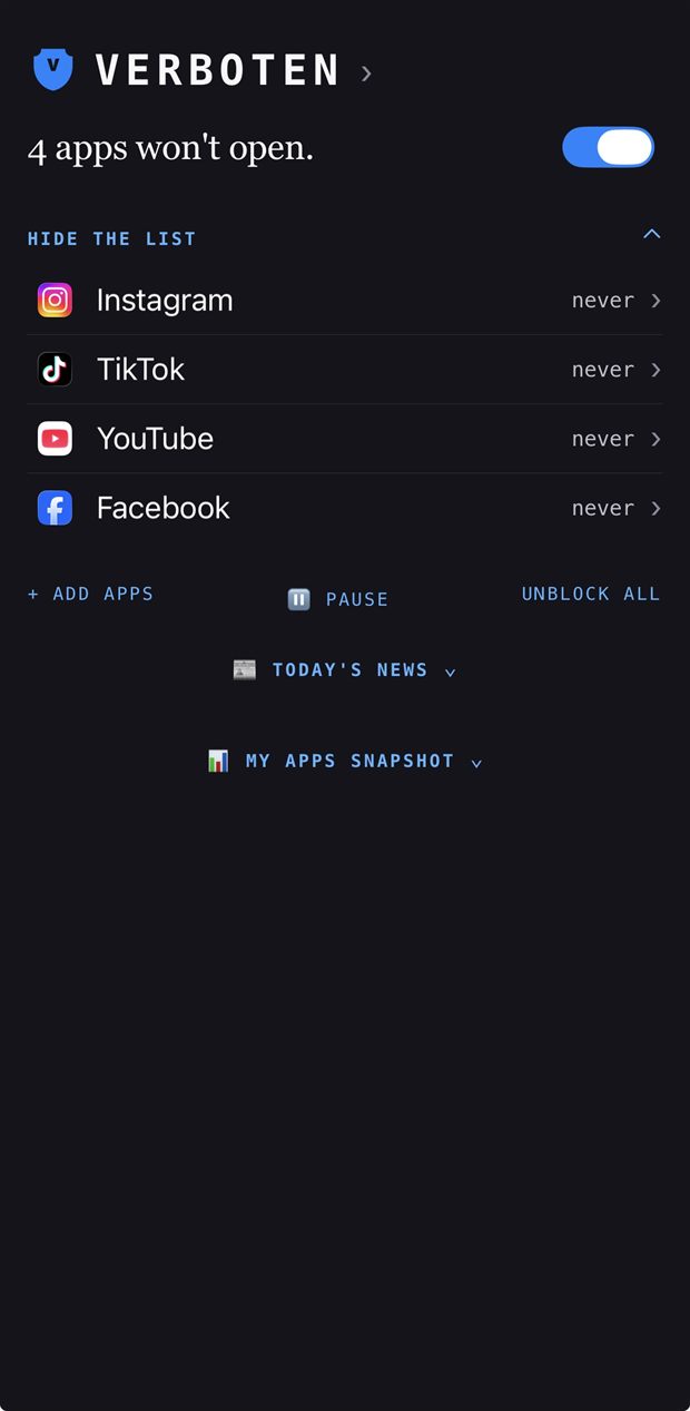 The blocked list with four apps behind one switch